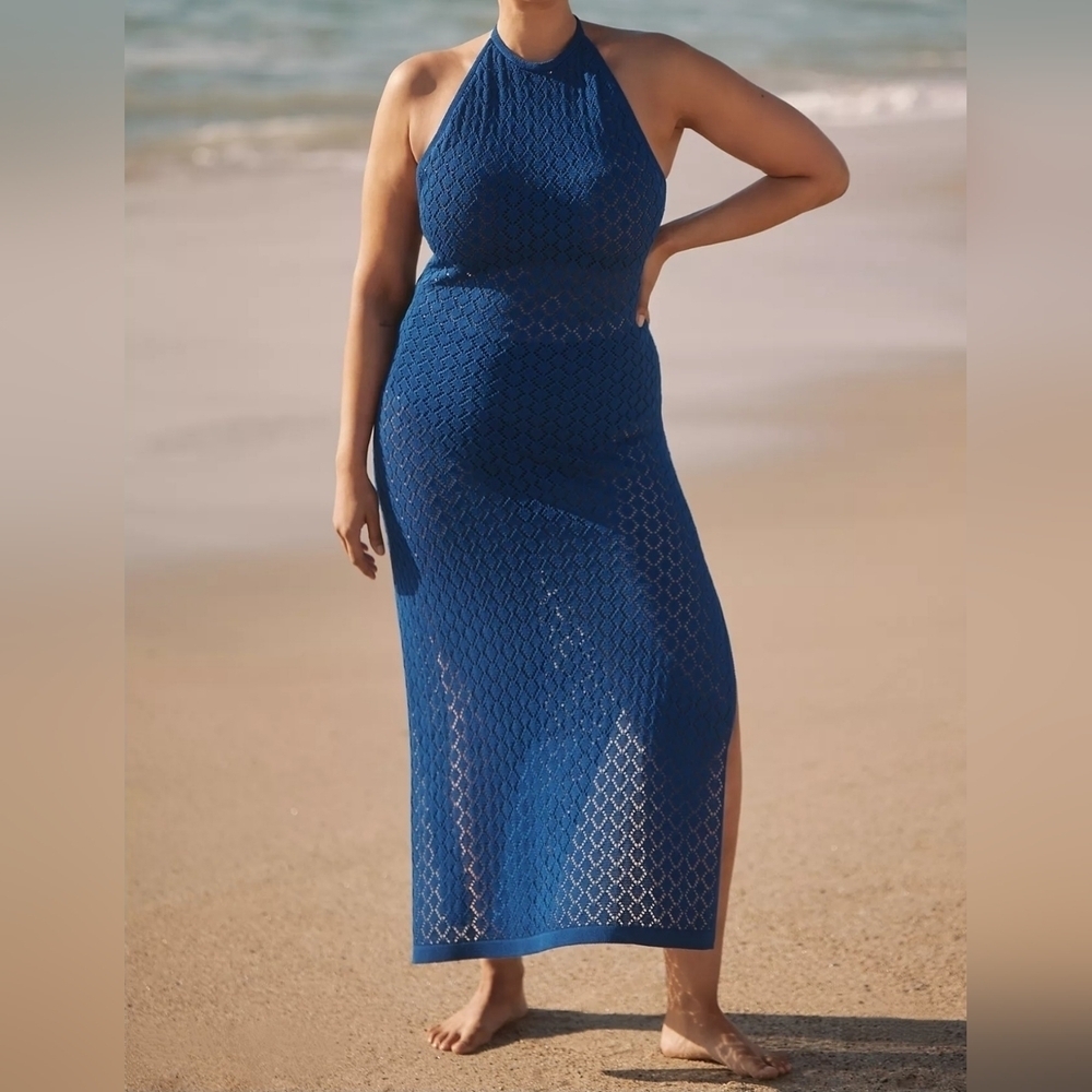 Sunday in Brooklyn Royal Blue Crochet Halter Midi Dress